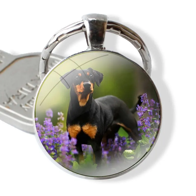 Keychain Handmade Glass Cabochon Key Ring Holder Pendant Key Chains black Dachshund Doberman Dog face