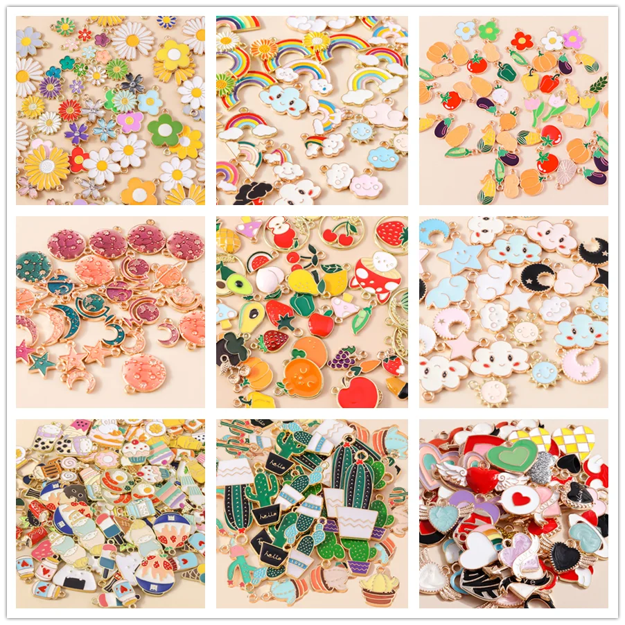 Leslie Mix 10pcs Enamel Rainbow Food Fruits Hearts Flowers Charms Pendants for Necklace Earring DIY Jewelry Making Accessories