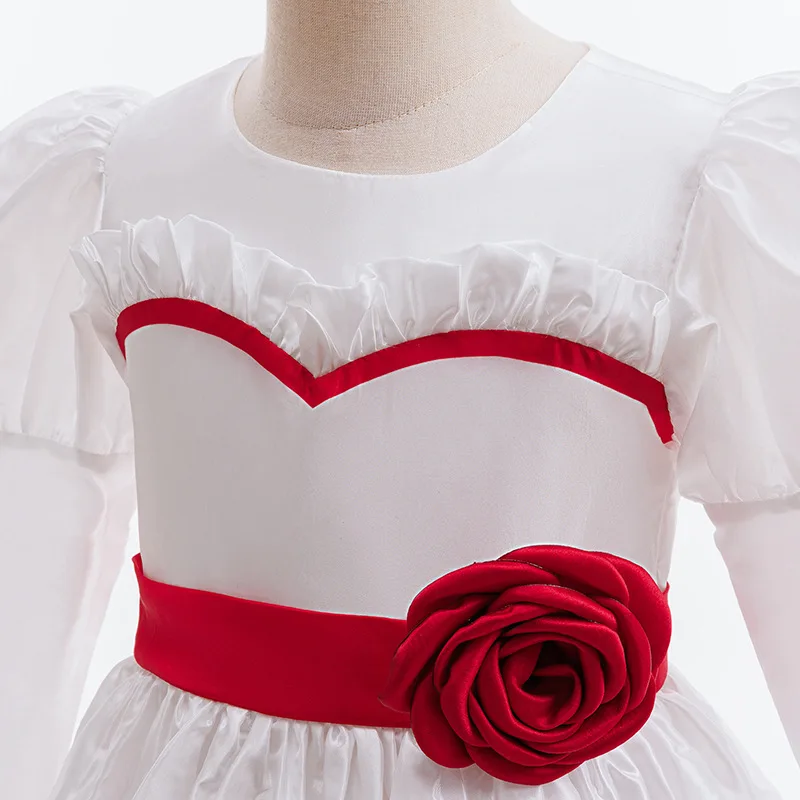 Terror-Puppe Annabelle Kostüm, gruseliges Film-Cosplay, weißes langärmeliges Prinzessinnenkleid mit roter Rose an der Taille, Halloween-Robe für Mädchen und Kinder – Detail 5