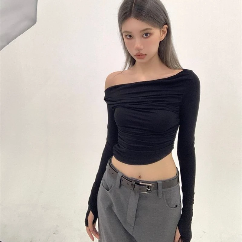 Sexy Long Sleeve T-shirts Women Solid Slash Neck Slim Casual Cropped Tops Pleated Simple Age-reducing Seductive Feminine Chic