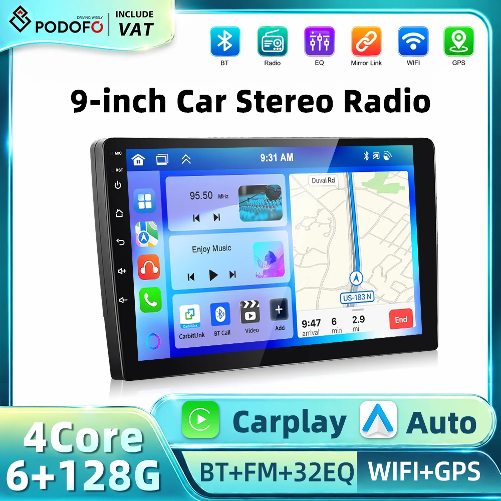 Autoradio Android Podofo 6+128G, CarPlay sans fil, Android Auto, écran tactile IPS 9 pouces, système intelligent de voiture, navigation GPS, Mirror Link, WIFI, BT, EQ, FM, RDS