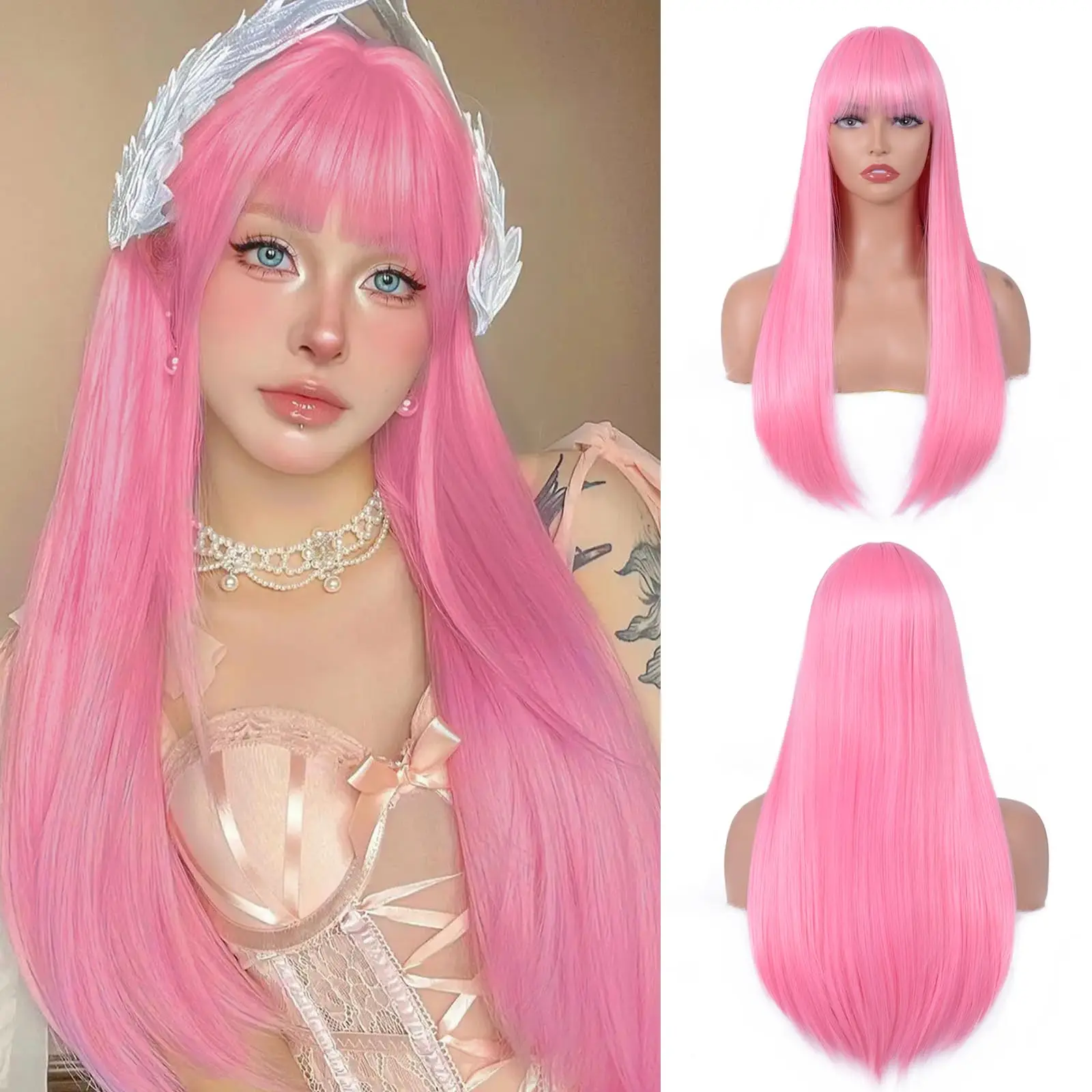 Perruque synthétique rose clair avec cheveux longs et raides, perruque de cosplay pour fête d'Halloween, ensemble de perruques accessoires pour cheveux quotidiens à haute température