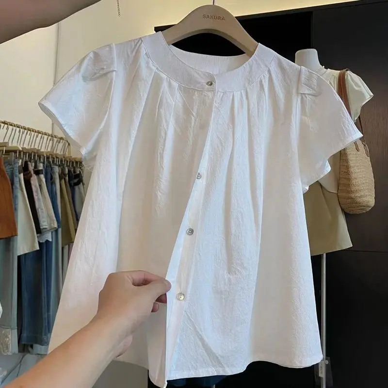 Summer New Style Women's Shirt Pleated Short Sleeve Flying Sleeve Slimming Versatile High-End Feeling Korean Style Loose Fit