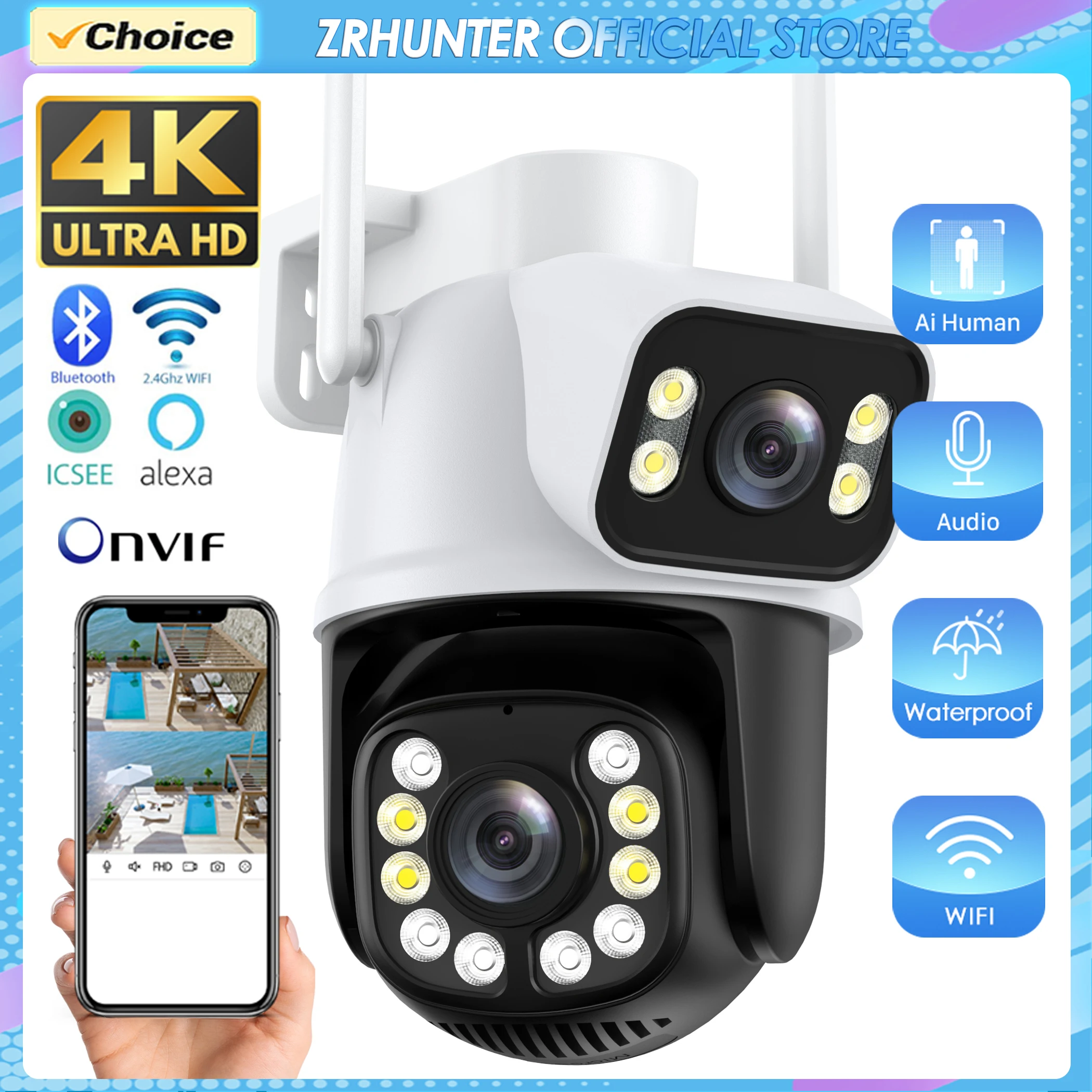 4K 8MP Security Wifi Camera Dual Lens 4X Digital Zoom AI Human Detect ONVIF Wireless Surveillance CCTV Outdoor PTZ IP Cameras