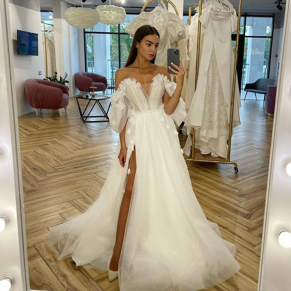 Glitter Butterfly Wedding Dresses Off Shoulder V Neck A-Line Side Slit Backless Bridal Gowns Customize To Measures Elegant