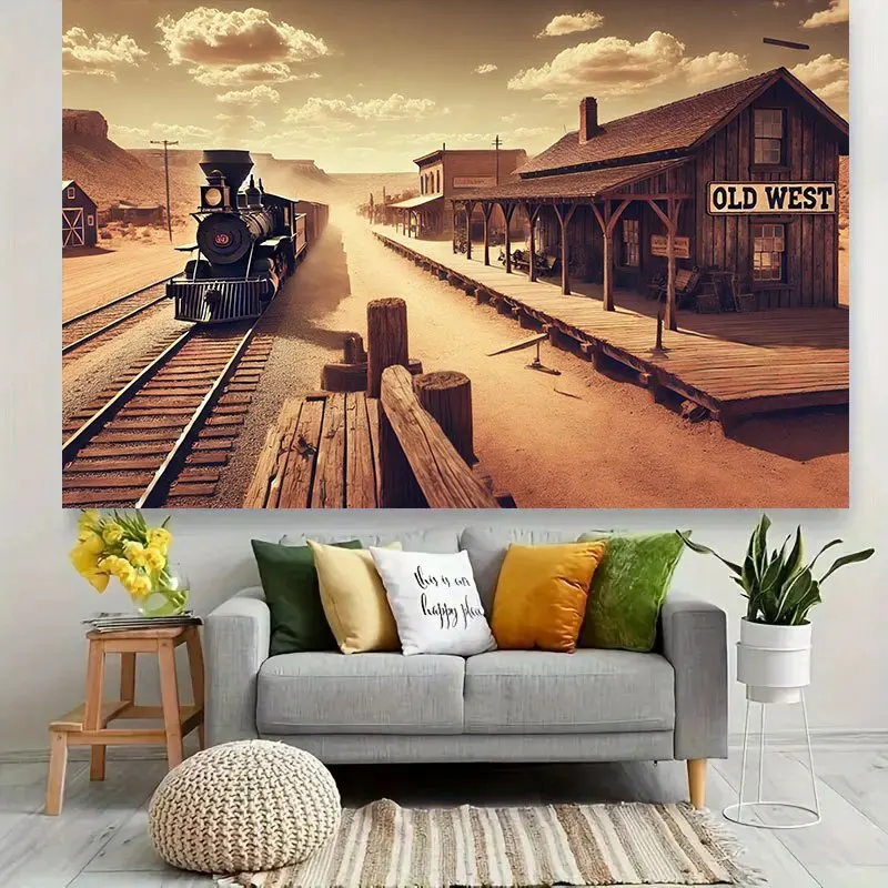 Old West Train Station Vintage Western Town 2D Flat Banner Cowboy Theme Party Background Rustic Home Decor Saloon Style Tapestry