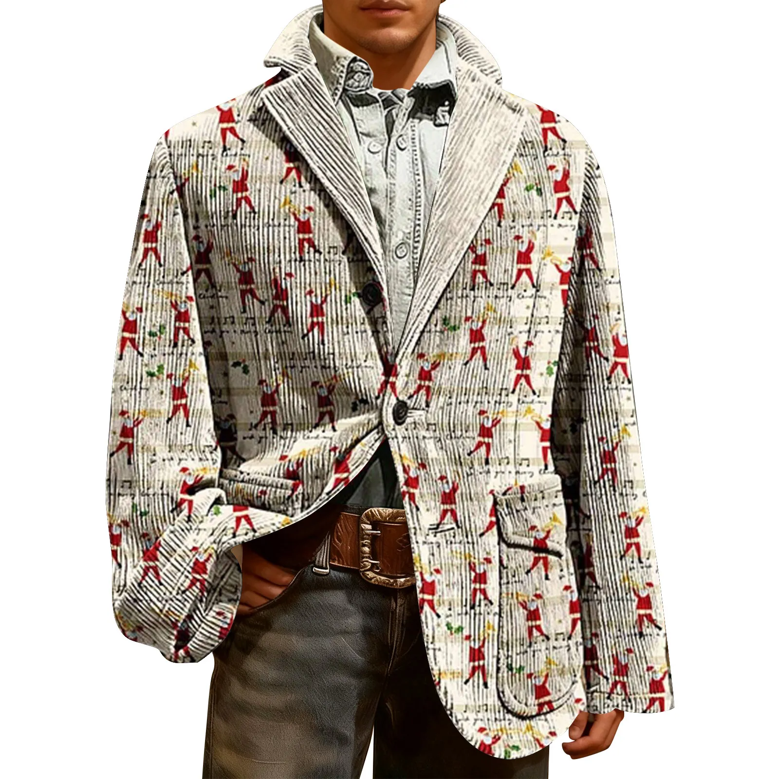 

Men'S Suit Jacket Christmas Print Tops Corduroy Jacket Casual Fashion Cardigan Coats With Warm Pockets Buttons Outdoor Navidad