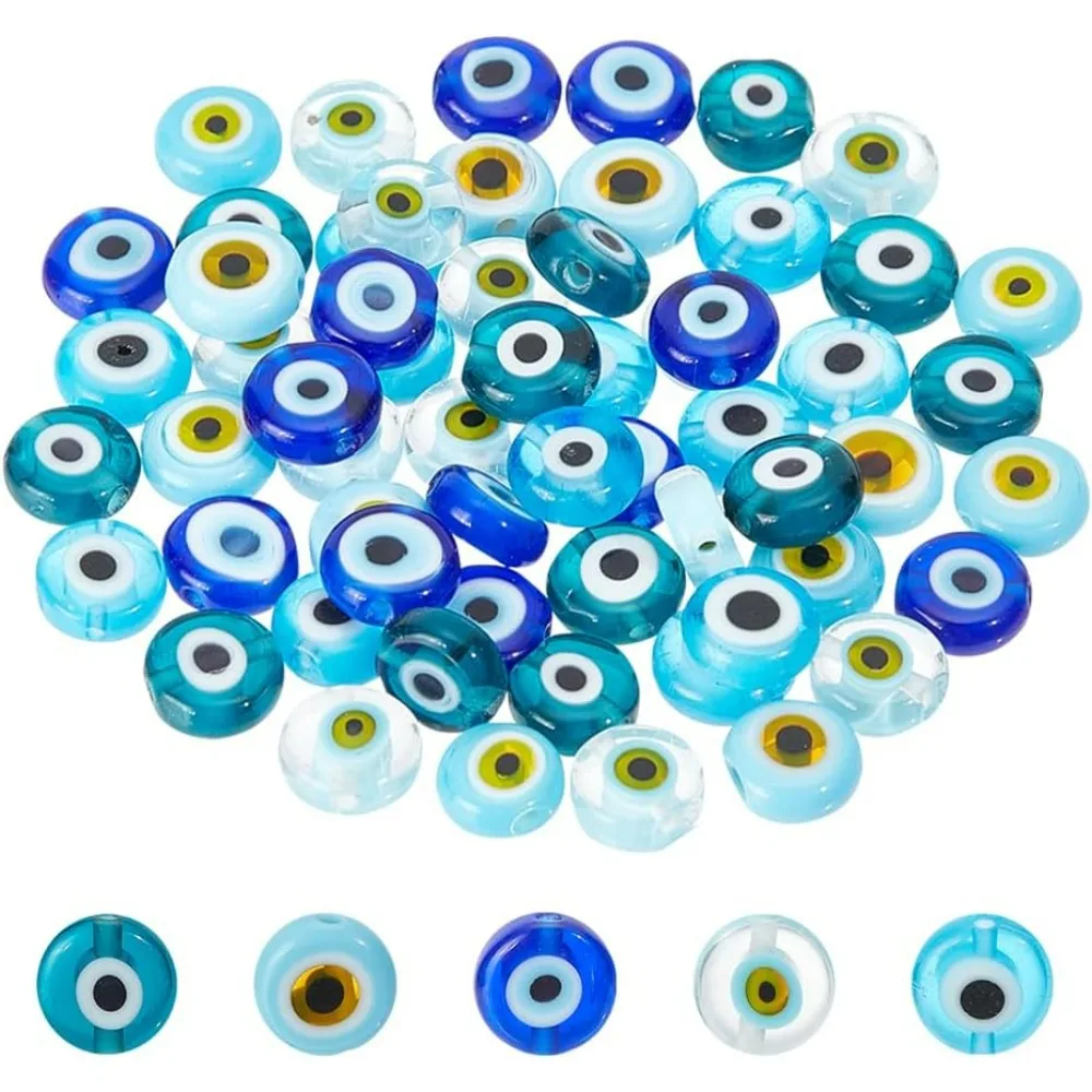 60 Pcs 5 Colors Handmade Evil Eye Lampwork Beads, 8mm Flat Round/Disc Turkish Eye Beads Loose Glass Spacer Beads Charms