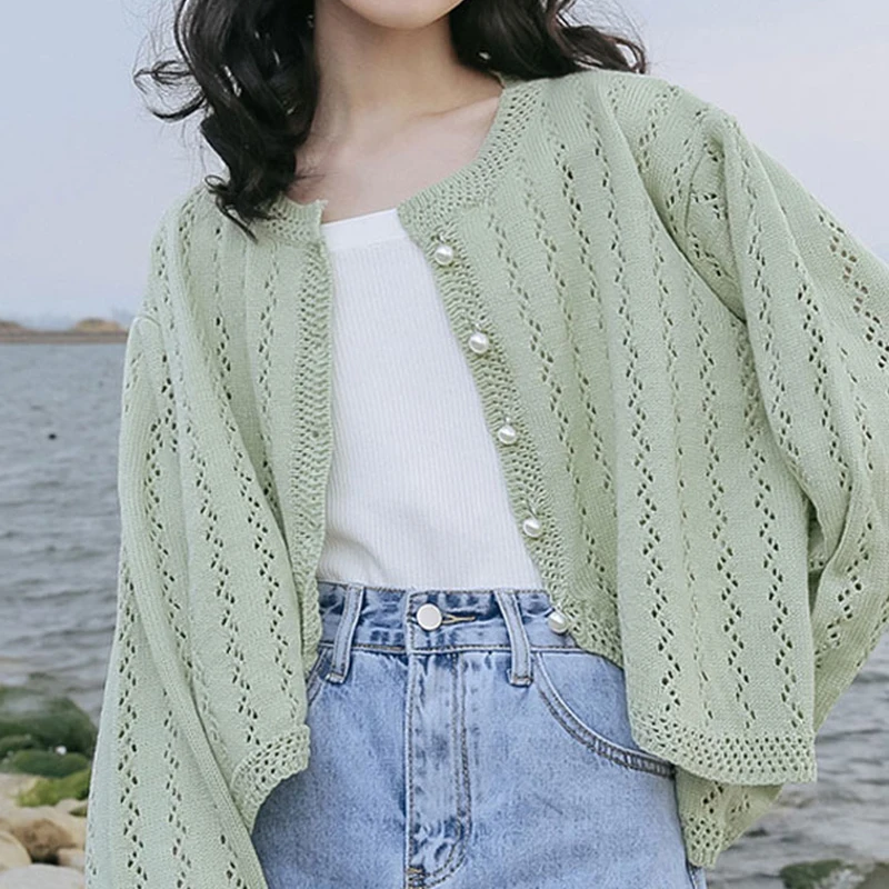 

Green Hollow Out Knitted Cardigans Women Spring Summer Long Sleeves Pearl Button Short Coats Gentle All-matched Thin Tops