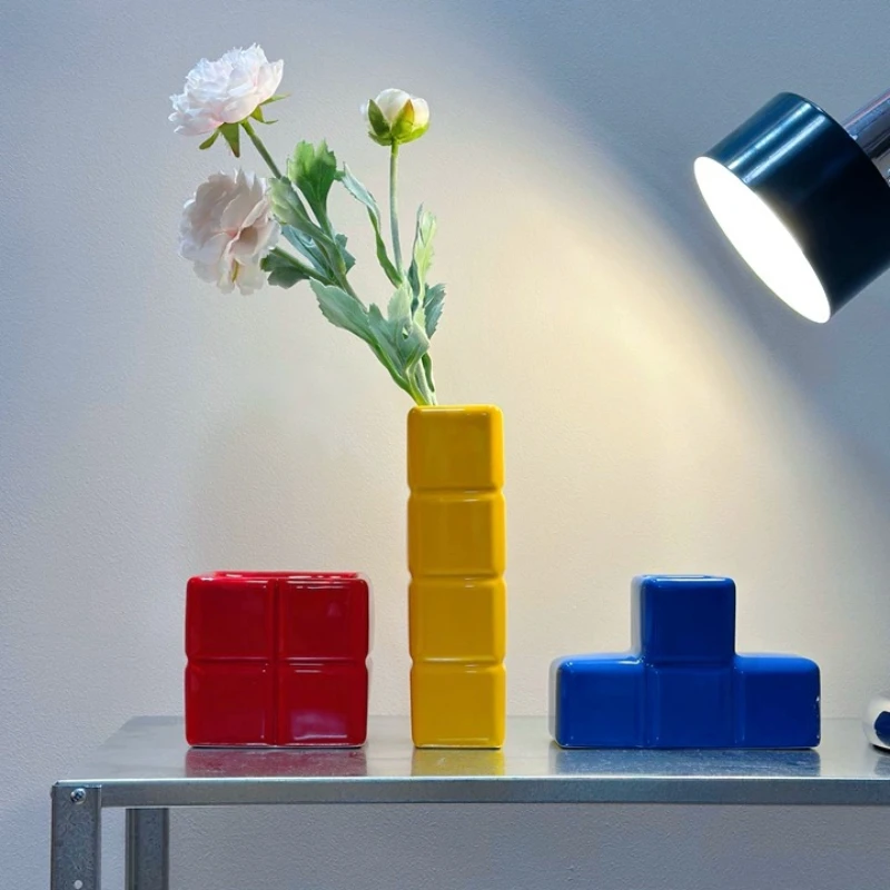 Ins style colorful block ceramic vase Russian building block shaped floral ware fun home desktop flower arrangement ornament