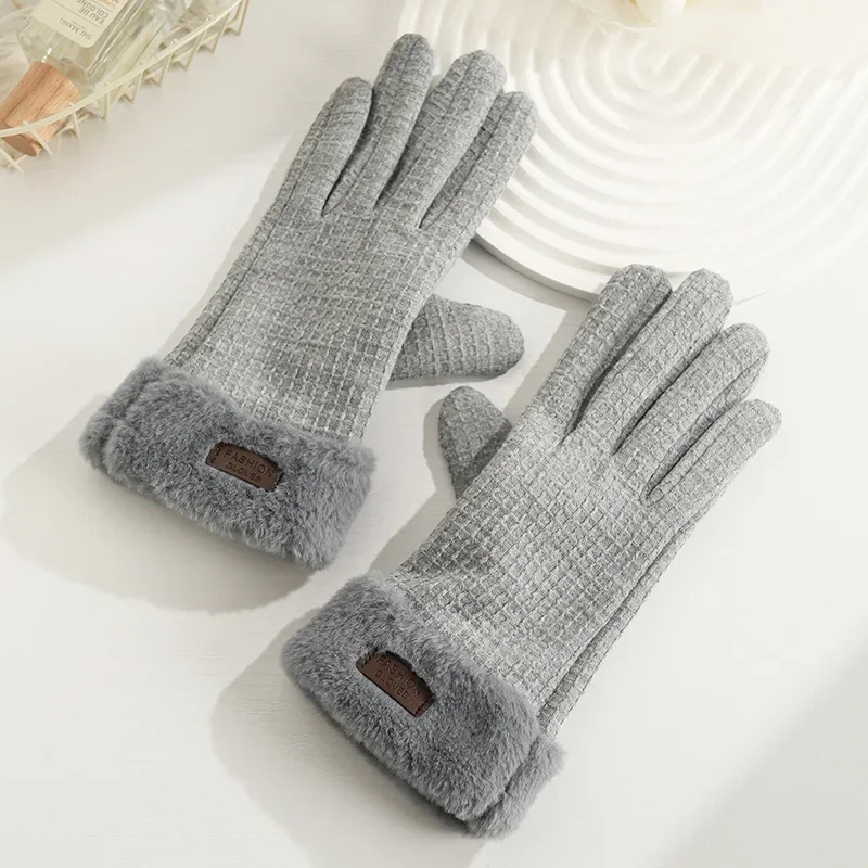 Warm Gloves Women Winter Plush Thickened Outdoor Driving and Cycling Rabbit Fleece Windproof Touch Screen Gloves