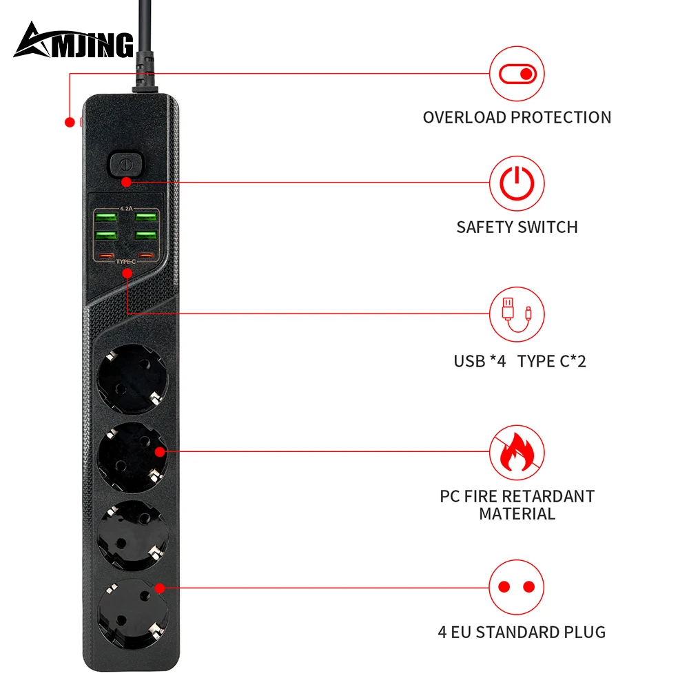 EU Plug Power Strip With 4 Outlets 2 TYPE-C 4 USB Ports Charging Extension Socket 10A 250V 3000W Surge Protector Network Filter