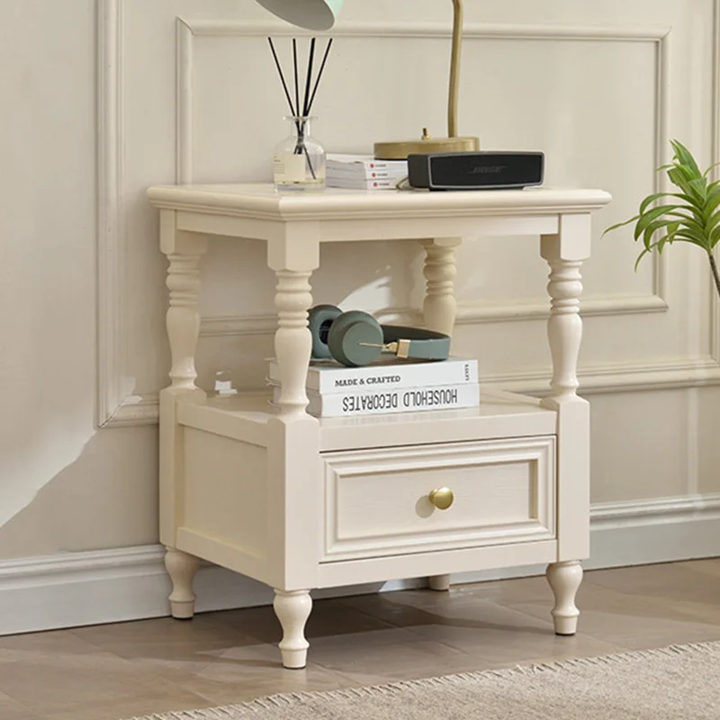 

French Aesthetic Nightstands With Drawers Nordic Designer White Nightstands Minimalist Cream Table De Nuit Bedroom Furniture