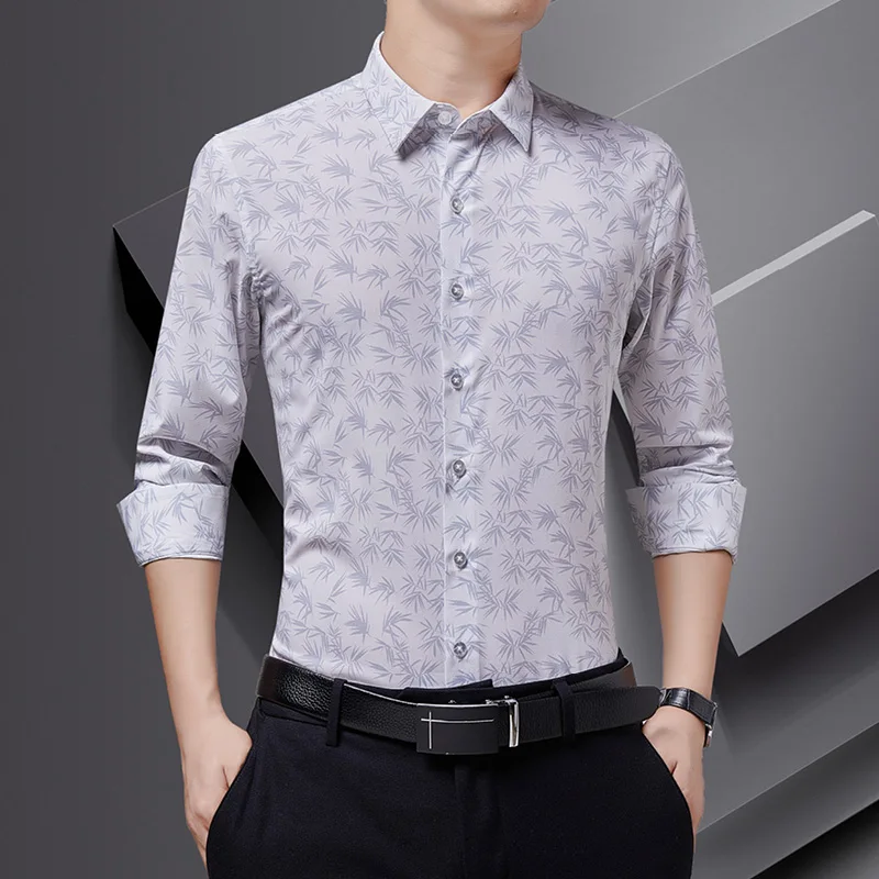 Brand Dress Shirts Men Spring and Autumn New Long sleeve Shirt for Men Business Work Print Slim Turn-Down Collar Shirts