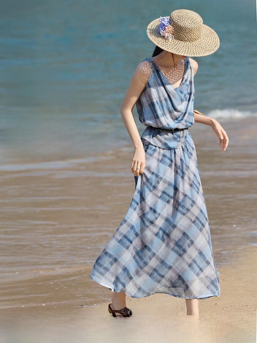 

XWI Blue Plaid Halter Neck Dress And Skirt Set Women's Summer Slimming Outfit Beach Vacation Style Breathable Elegant