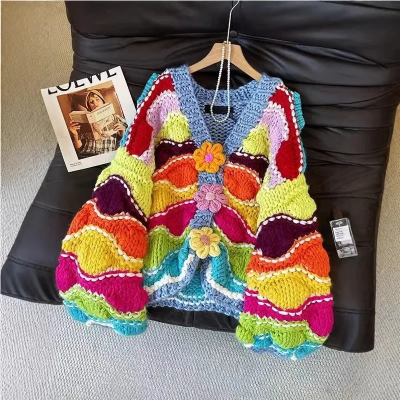 

Женский кардиган Clothland Sweet Rainbow, трикотажная кофта с длинными рукавами, V-образным вырезом, цветочными пуговицами, шикарный модный свитер-пальто HA658