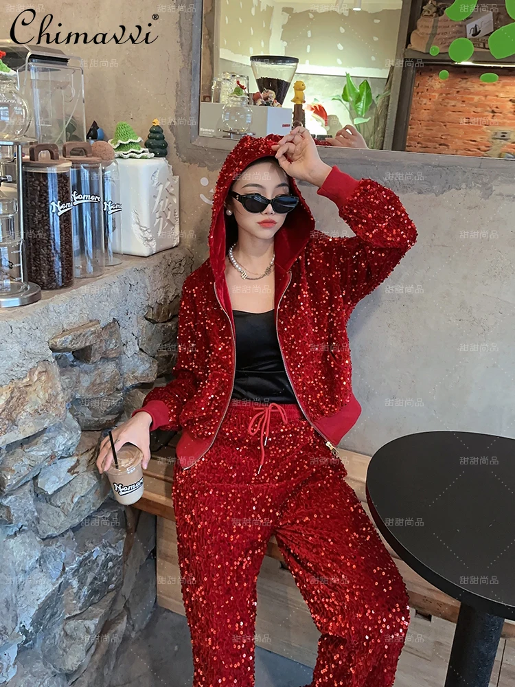 Heavy Sequined Casual Fashion Suit Women\'s 2024 Spring New Hooded Sweatshirts Coat Wide Leg Pants Streetwear Two-Piece Sets