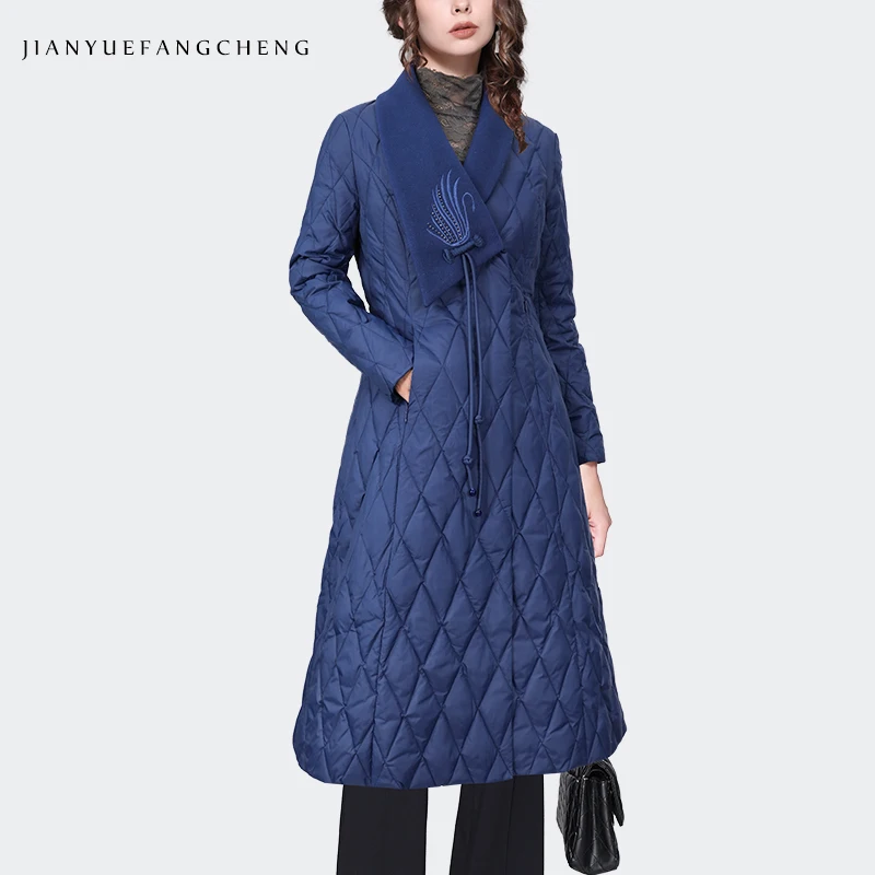 Women Winter Over-knee Blue Long Down Jacket Peacock Embroidered Long Sleeve Suit Collar Trench Coat Warm Lightly Overall Jacket