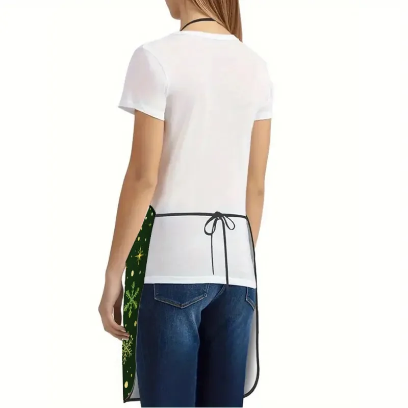 1pc 2D Flat Printed Apron with Dark Green Background, Golden Bells, Red Bows, Holly, and Snowflakes, Simple Christmas Print, Uni
