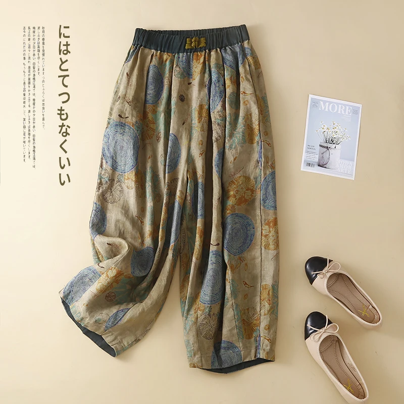 

Женские льняные брюки-фонарики в стиле ретро с принтом, асимметричные, на пуговицах, укороченные (7/8), с высокой талией, для повседневной носки