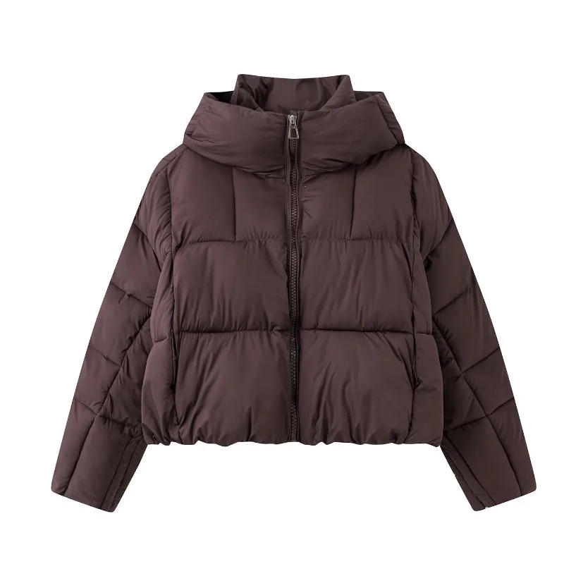 Boxy Quilted Puffer Jacket Hooded zipper Closure Side Pockets Elastic Hem Loose Cropped Fit Warm Solid Winter Women Outerwear