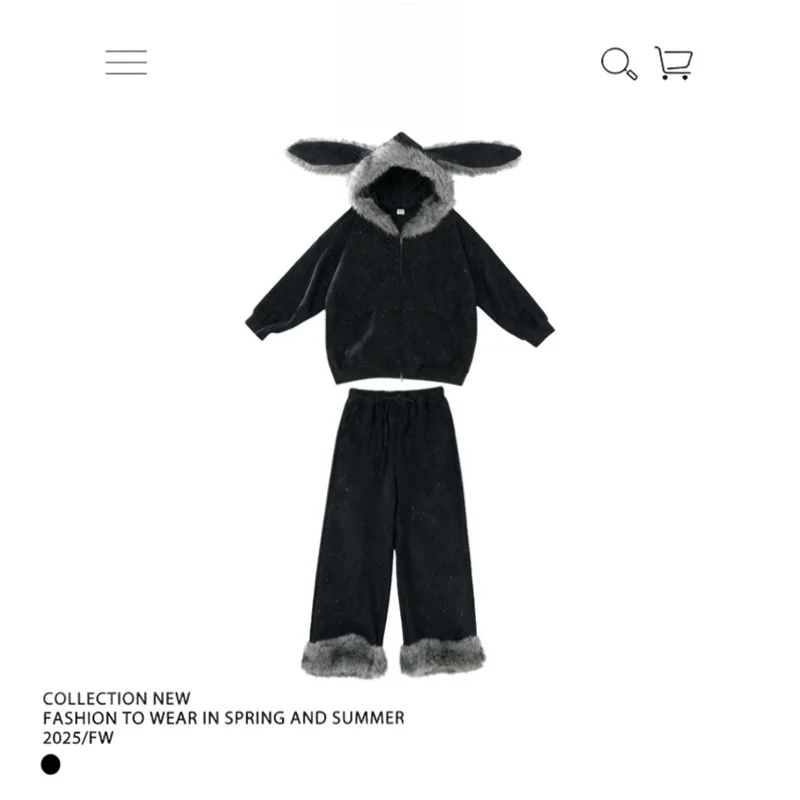 

Модный комплект UNXU: кардиган с капюшоном и ушками кролика из материала Thinsulate и брюки – женский зимний повседневный свободный костюм-двойка