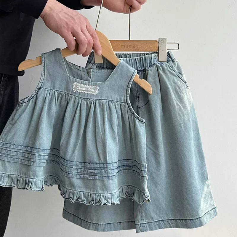 2025 New Summer Kids Clothes Children Clothes Suit Sleeveless Denim Vest+Pants 2-6Yrs Baby Girls Cowboy Clothing Set