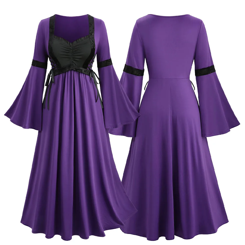 Rosegal plus size vintage midi vestido com mangas alargamento rendas ruched dois tons retalhos detalhe 2025 vestidos femininos de outono
