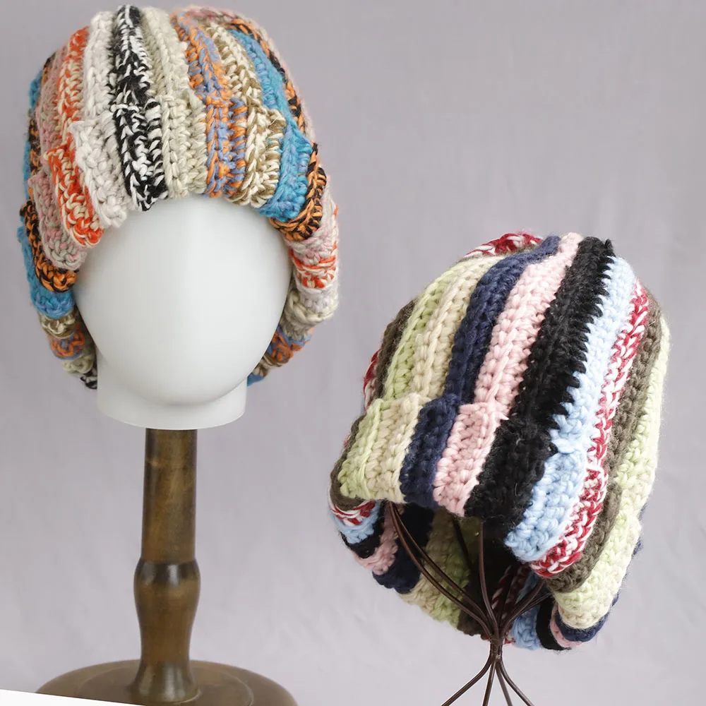 2025 Hot Selling Winter Hat Real Rabbit Fur Winter Hats For Women Warm colorful stripes Beanie Hats Women Adult Cover Head Cap