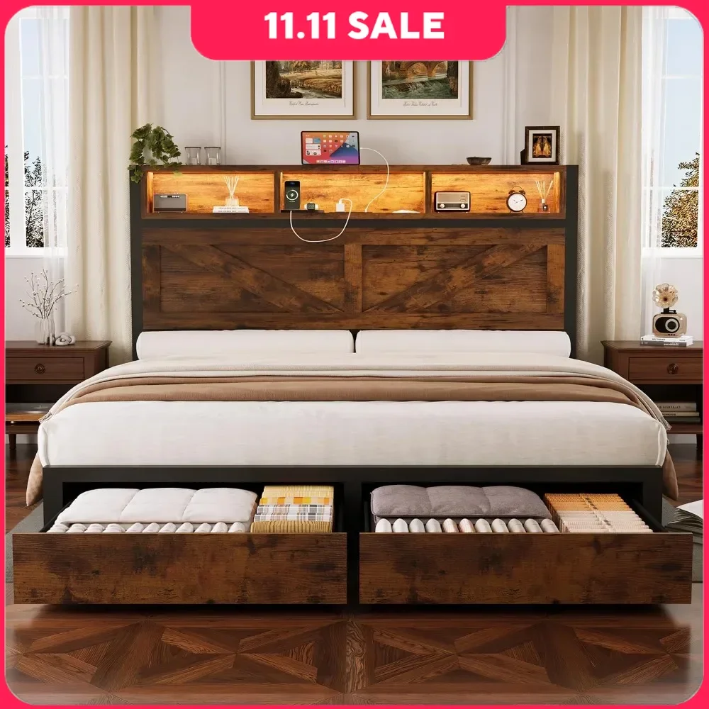 

Queen Size Bed Frame with Storage Headboard, Charging Station, LED Light and 2 Storage Drawers, No Box Spring Needed, Bed Fraem