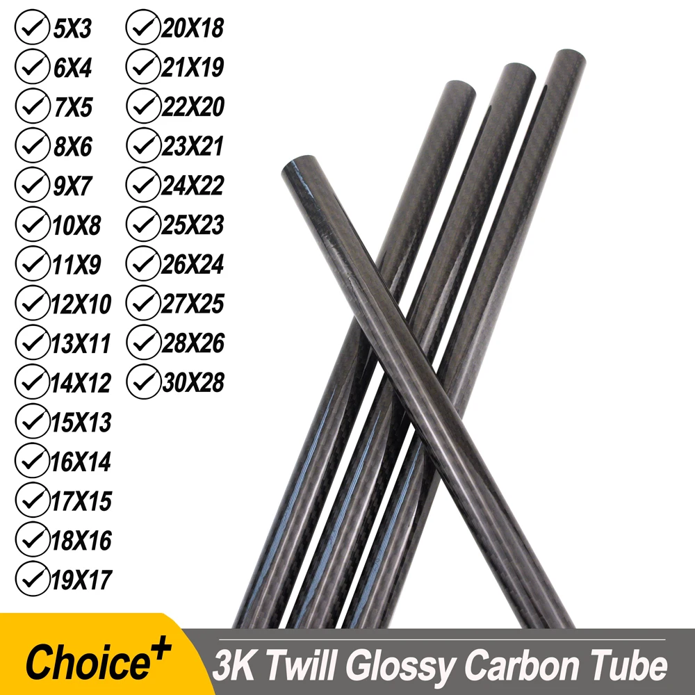 2Pcs 3k Full Carbon Fiber Tube Twill Glossy Hard Pipe Length 500mm Diameter 5mm to 30mm for RC Airplane Drone Parts DIY Usage