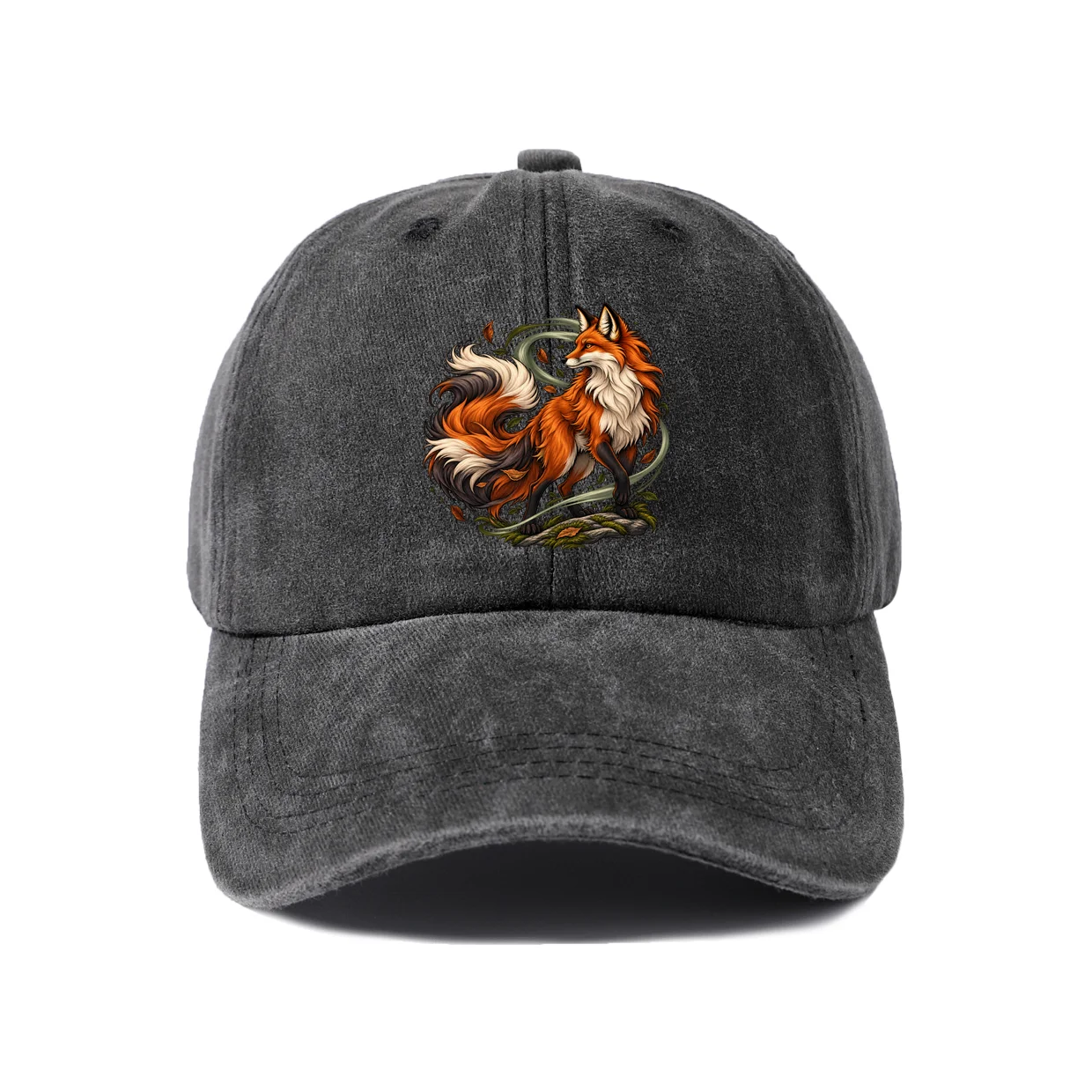 Woodland Fox Illustration Graphic Baseball Cap, Vintage Washed Adjustable Unisex Dad Hat, Everyday Gift
