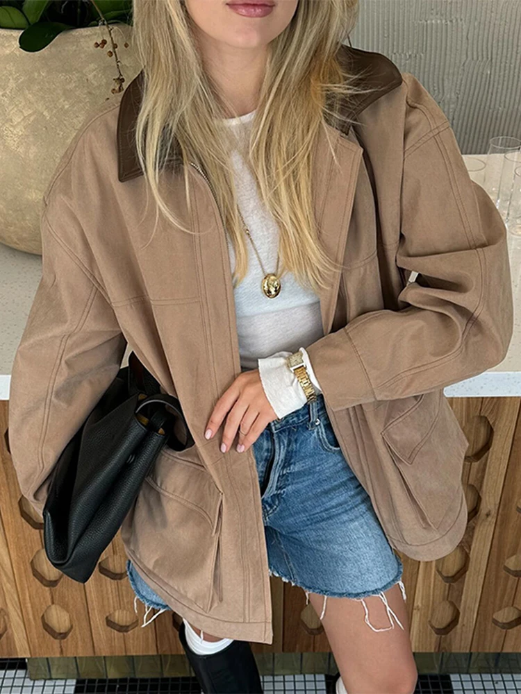 

Vintage Lapel Zipper Jackets Women Patchwork Long Sleeve Big Pockets Cargo Coats Lady 2024 Autumn Winter Fashion Street Outwears