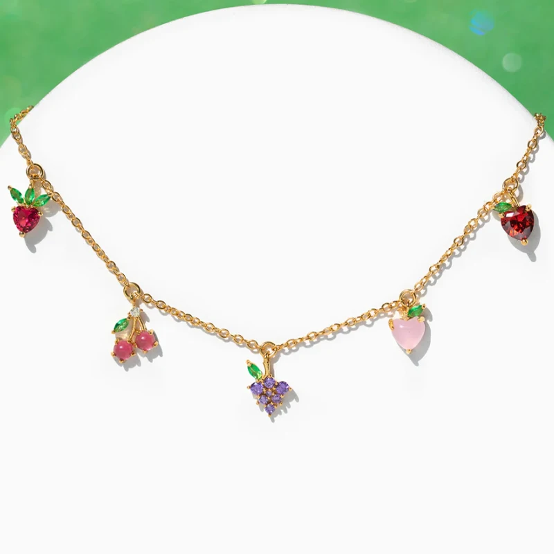 

Fruit Basket Choker Ins Zircon Necklace Cherry Peach Fruit Collarbone Chain Necklaces for Women Accessories