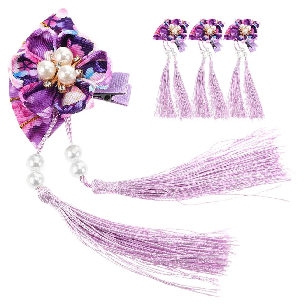 4Pcs Japanese Hair Clips Floral Fan Tassel Hairpins Kids Hanfu Kimono Chinese Oriental Hair Accessory Set