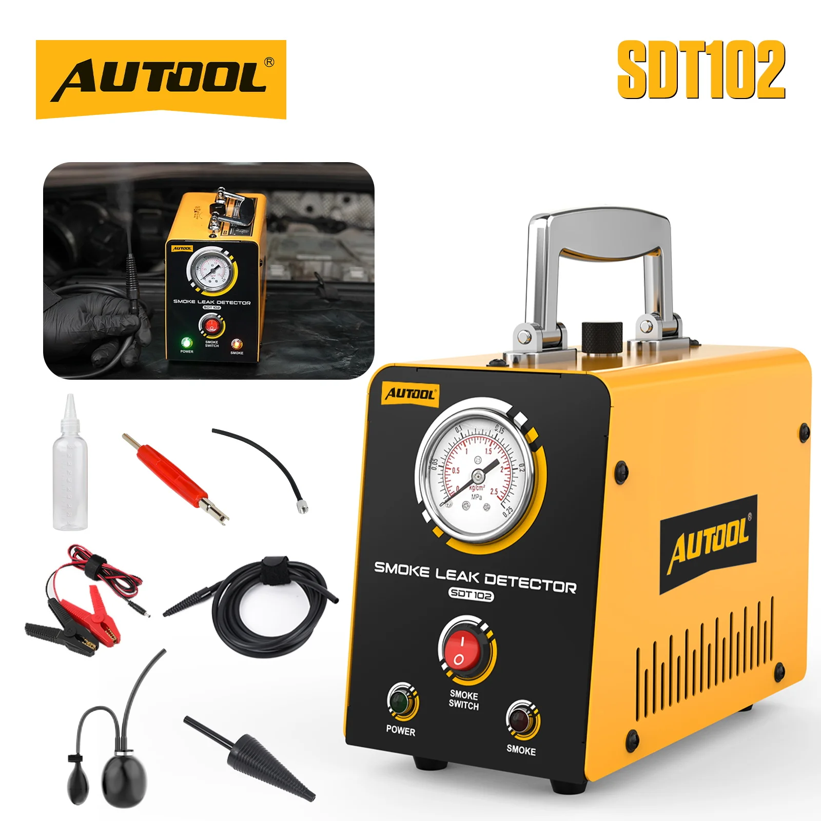 AUTOOL SDT102 Automotive Smoke Machine 12V Car Smoke Leak Detector EVAP Vacuum Exhaust Pipe Diagnostic Tester Built-in Pump
