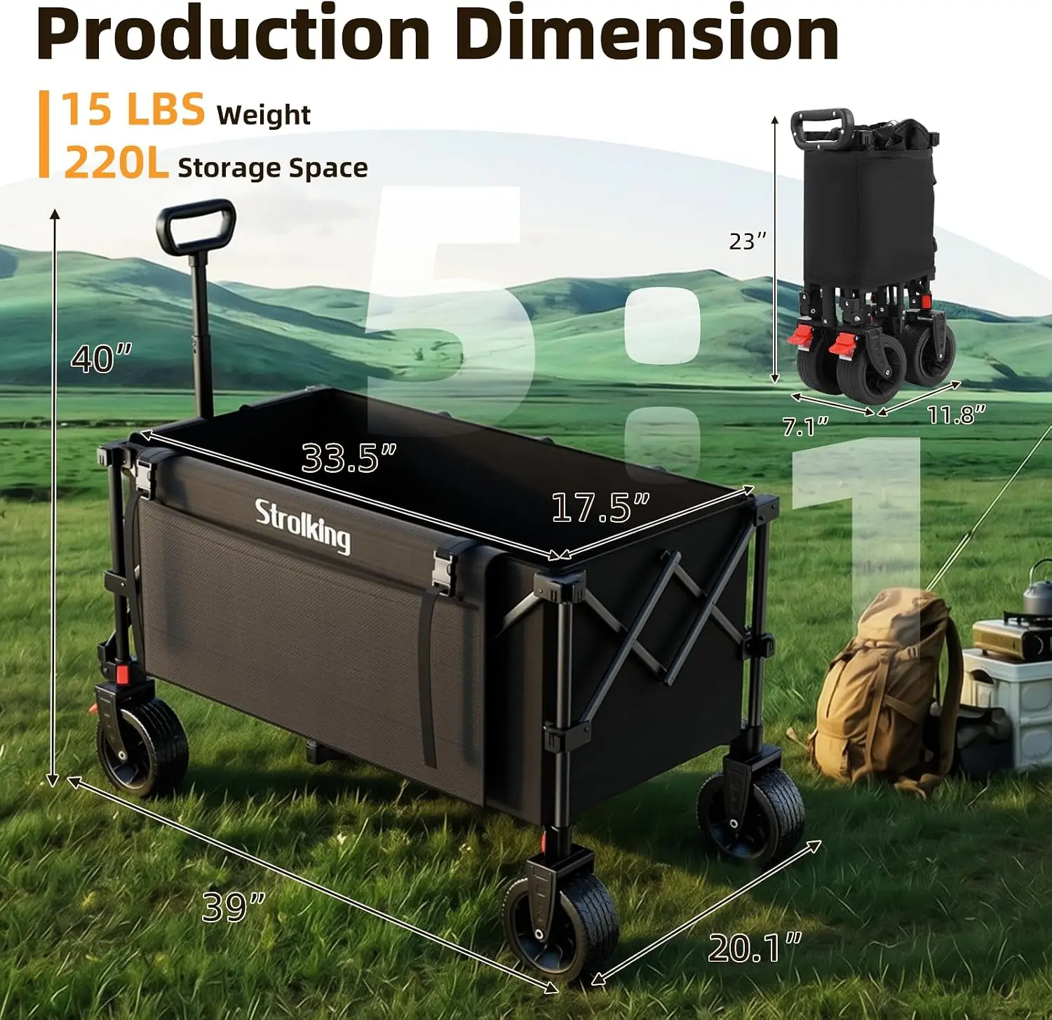 Collapsible Garden Wagon Cart 220L, 15 Lbs Lightweight Folding Cart with 39