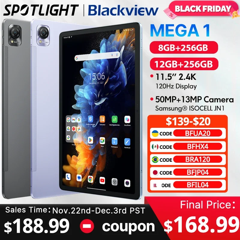 【العرض الأول في العالم】جهاز لوحي Blackview MEGA 1 بشاشة 11.5 بوصة 2.4K 120 هرتز، 12 جيجابايت 256 جيجابايت 8800 مللي أمبير في الساعة 50 ميجابكسل + كاميرا 13 ميجابكسل، لوحة شحن سريعة 33 وات