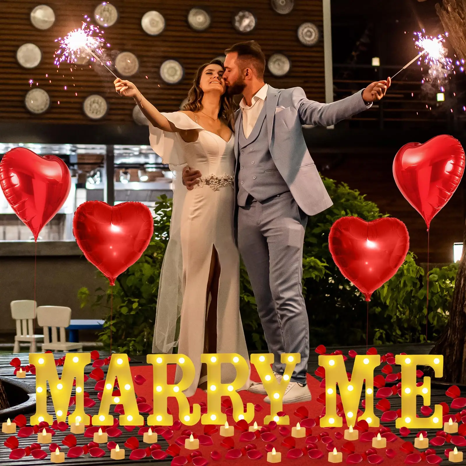 Marry Me Letters Proposal Decorations Will You Marry Me 2000 Rose Petals LED Candles for Valentine day Proposal Engagement