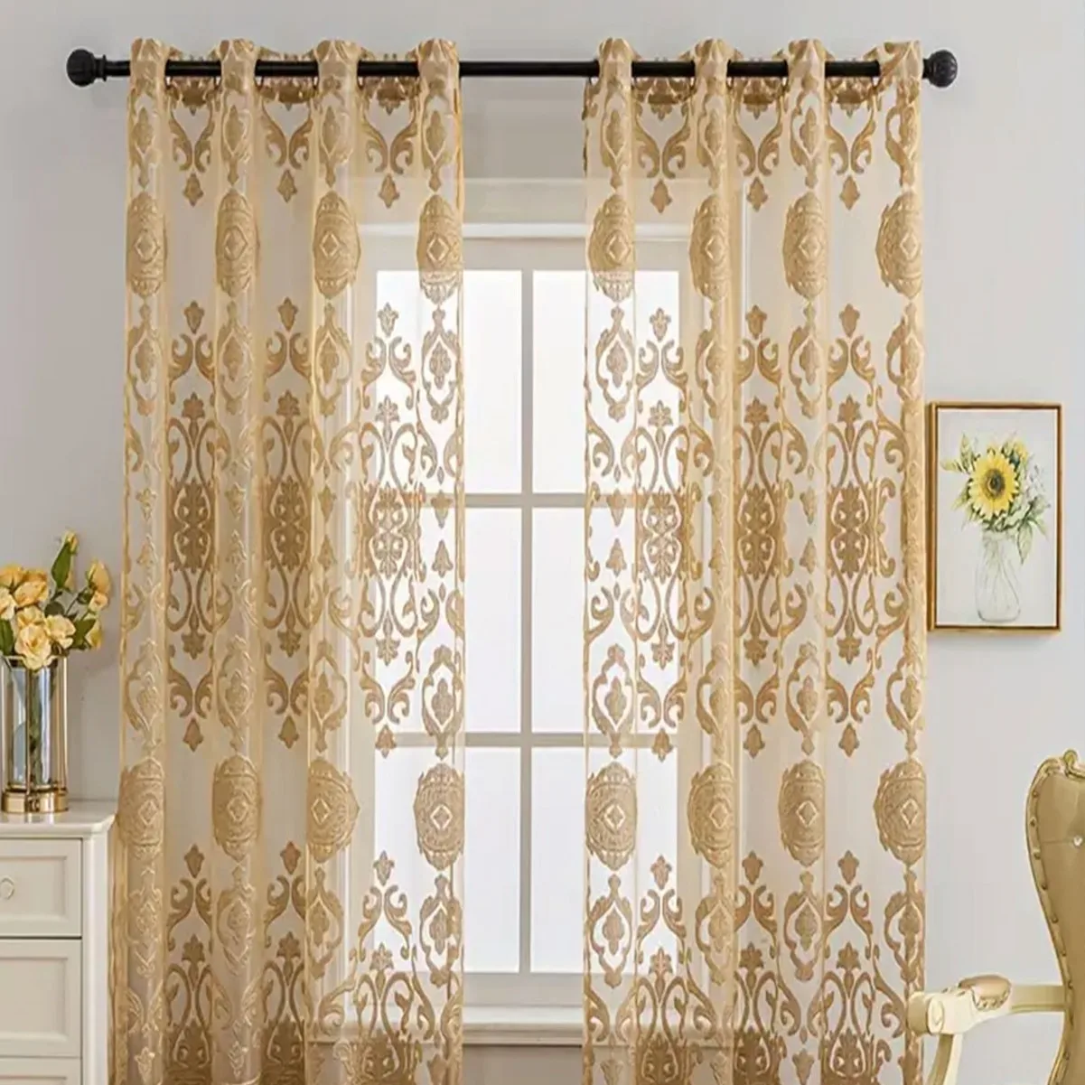1PC new European flower curtains, living room bedroom decorative curtains, personalized decorative piercing rod screen curtains