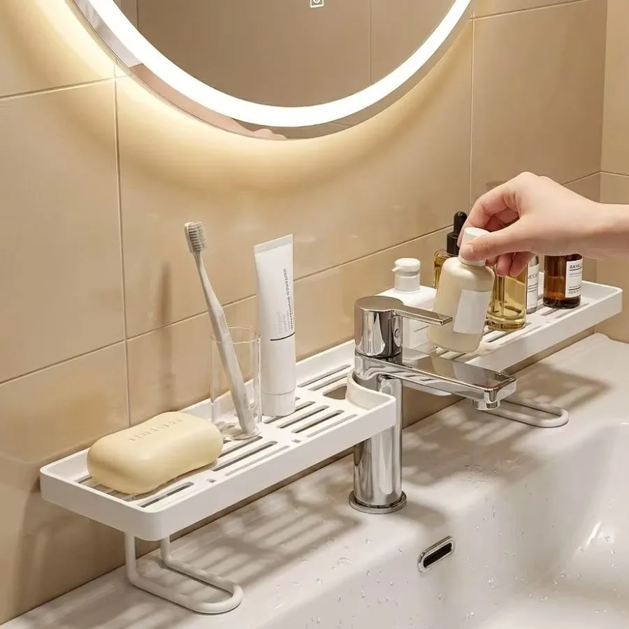 Bohrfreier Spülbecken-Organizer – Freistehendes Kohlenstoffstahl-Ablageregal für Armaturen, Platzsparender Badezimmer-Arbeitsplatten-Organizer – Detail 1