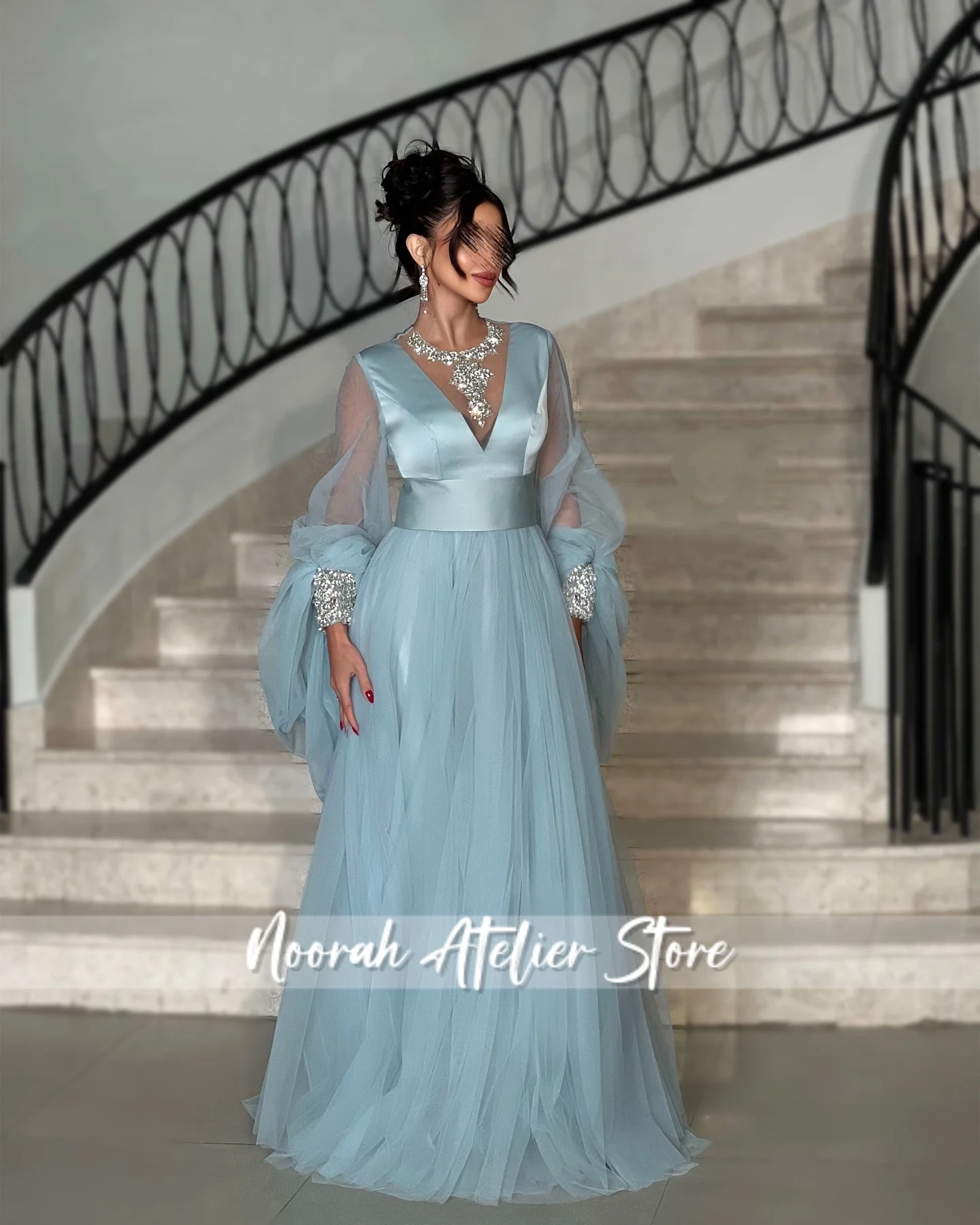 

Elegant Sky Blue V N Islamic Peplum Luxury Evening Dresses 2025 Dubai Illusion Long Sleeves Party Gown Vestidos Customized