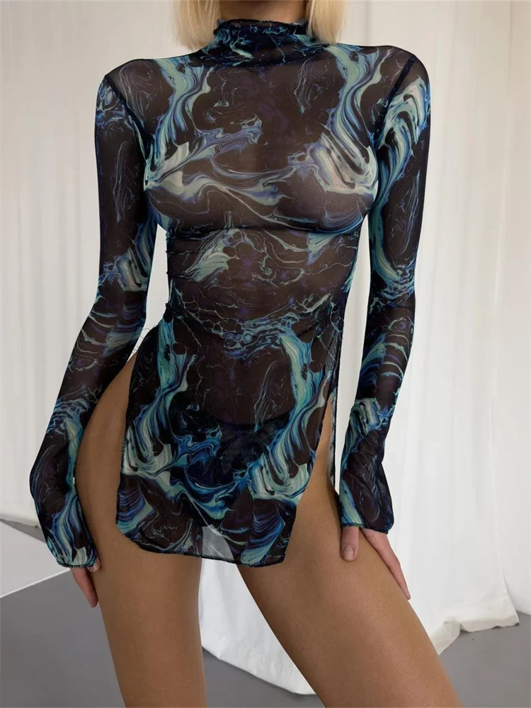 Vestido transparente de malla para mujer, minivestido ajustado de manga larga con abertura para fiesta en club, playa, ropa estética Y2K