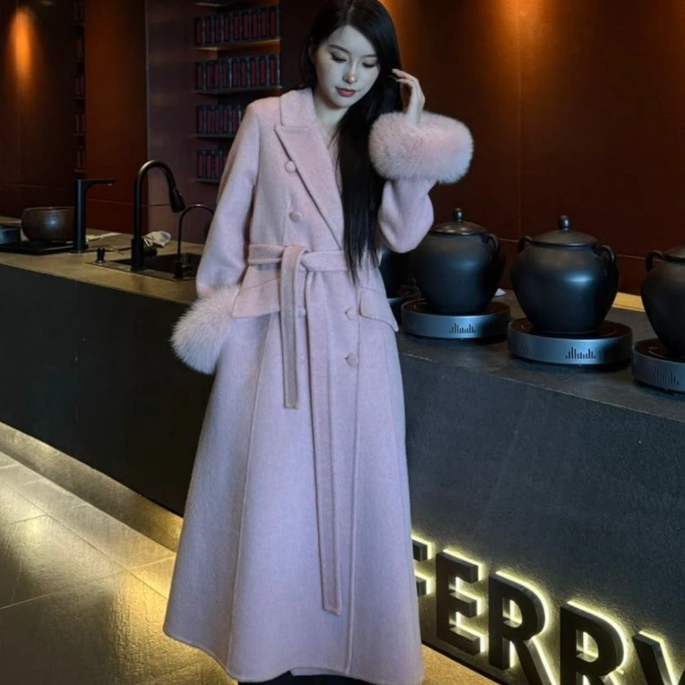 OFTBUY Women's Long Wool Coat Double Breasted Belted Waist Woolen Clothing Female Winter Warm Elegant Trench Style Outerwear