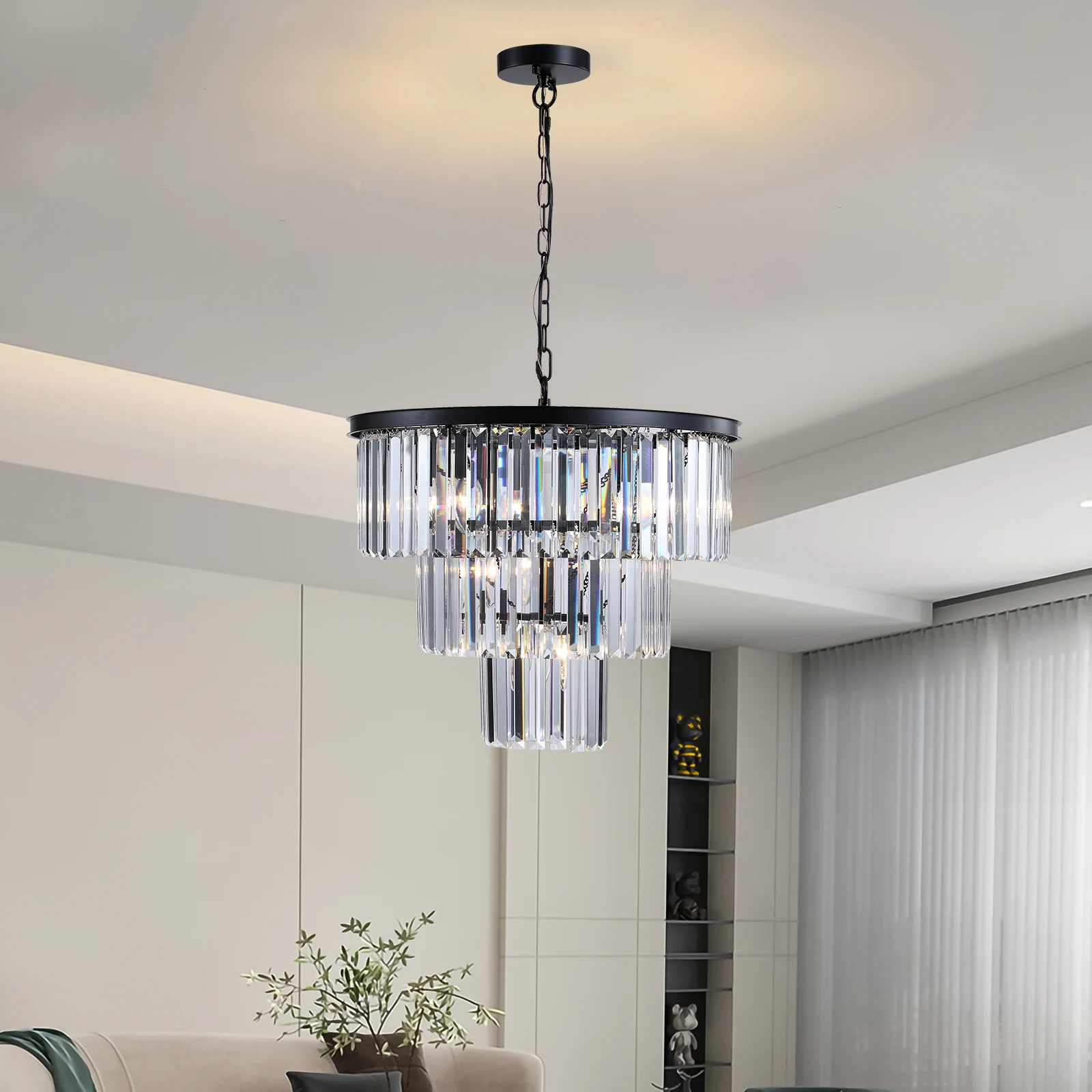 23.6 inch black modern luxury crystal chandelier, 4 tier large round vintage crystal light for bedroom, living room, dining room