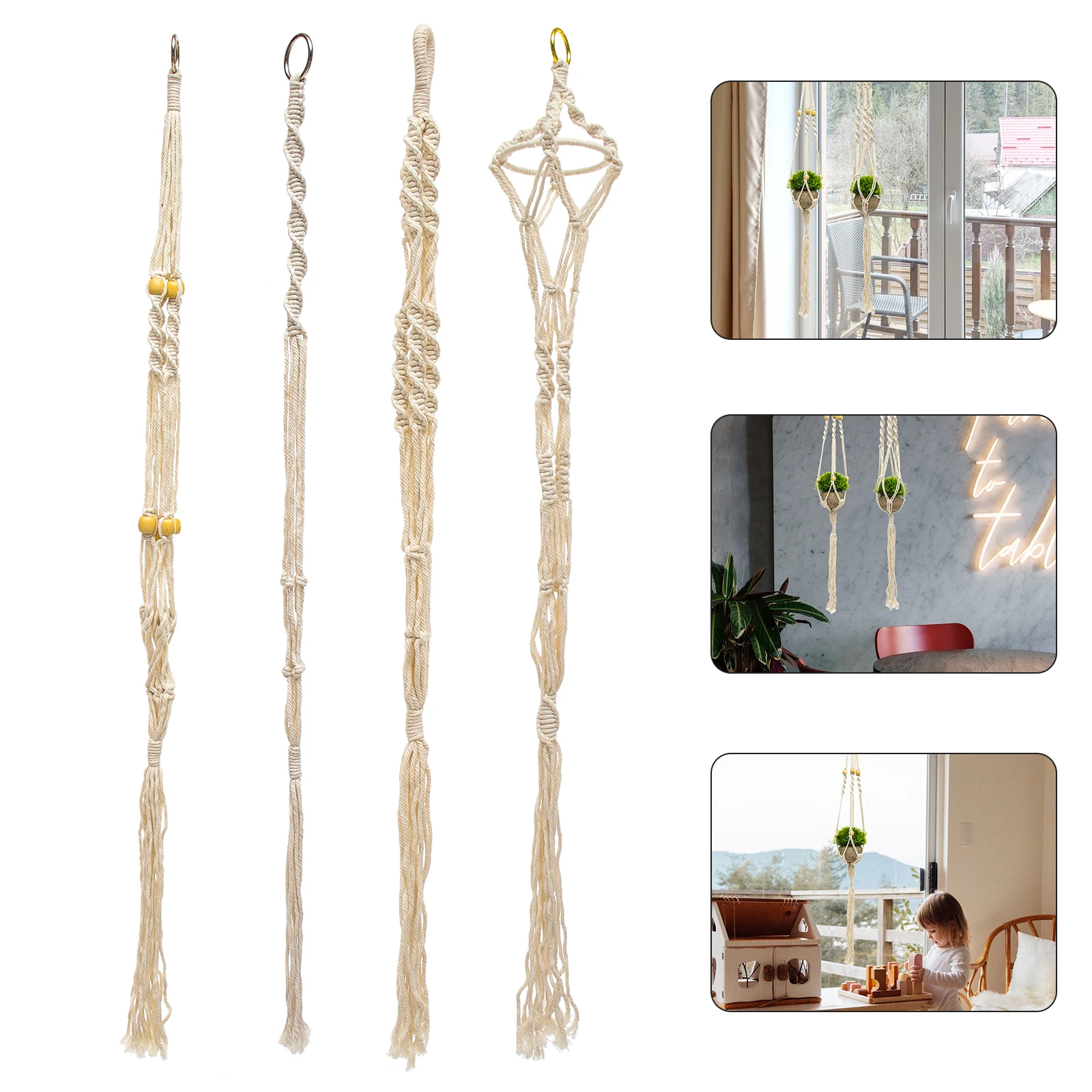 

4pcs Cotton Rope Macrame Plant Hanger Wall Hanging Flower Pot Basket Hand Woven Planter Holder for Indoor Garden Hanging String