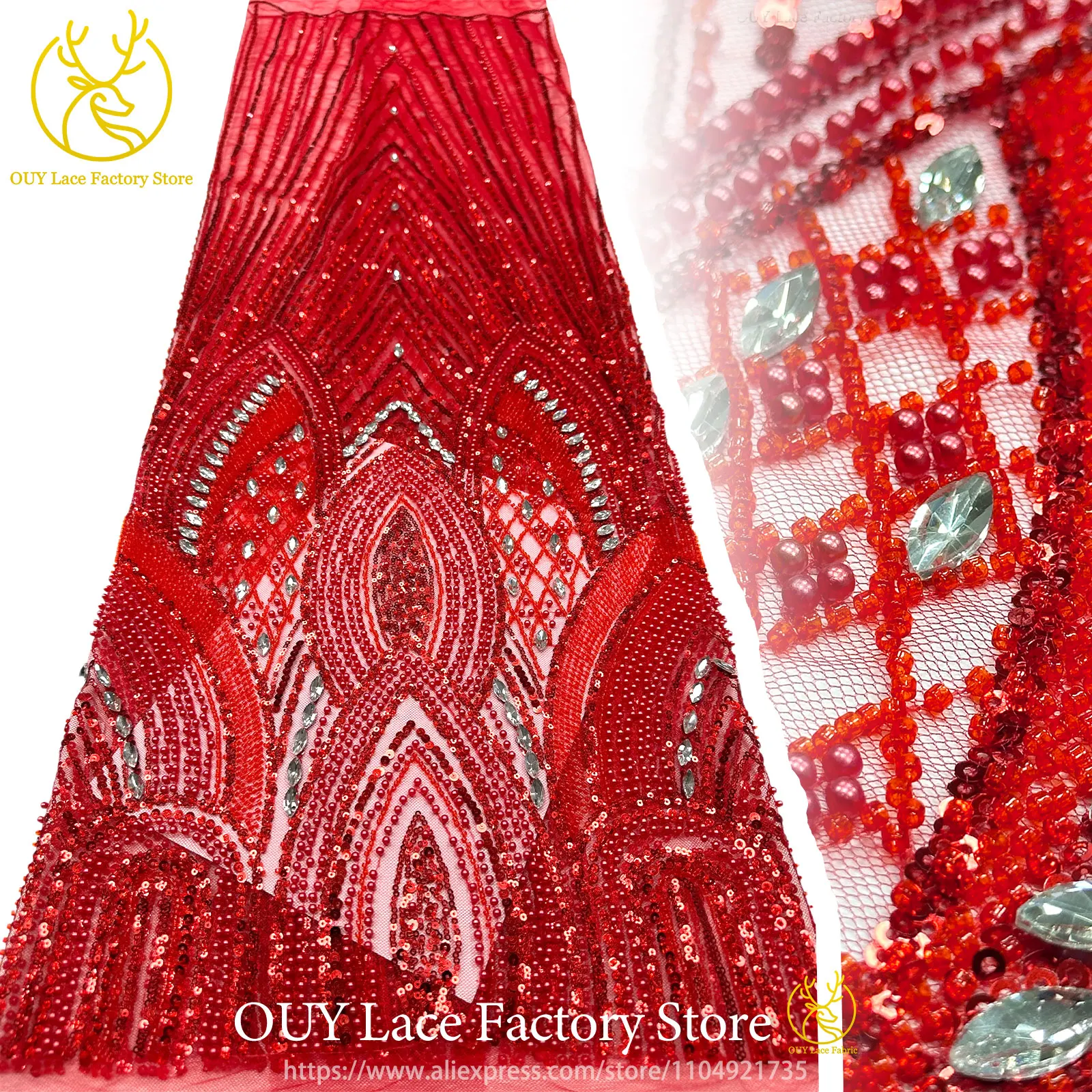 Red African Beaded Gemstone Lace Fabric High Quality French Sequins Stone Tulle Lace Nigerian Women Party Wedding Dress Sewing