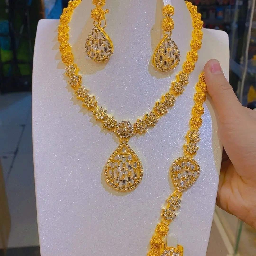 

New European French 24K Gold Plated Alloy Bracelet Necklace Earrings Ring Engagement Party Women's Jewelry Set YY10666