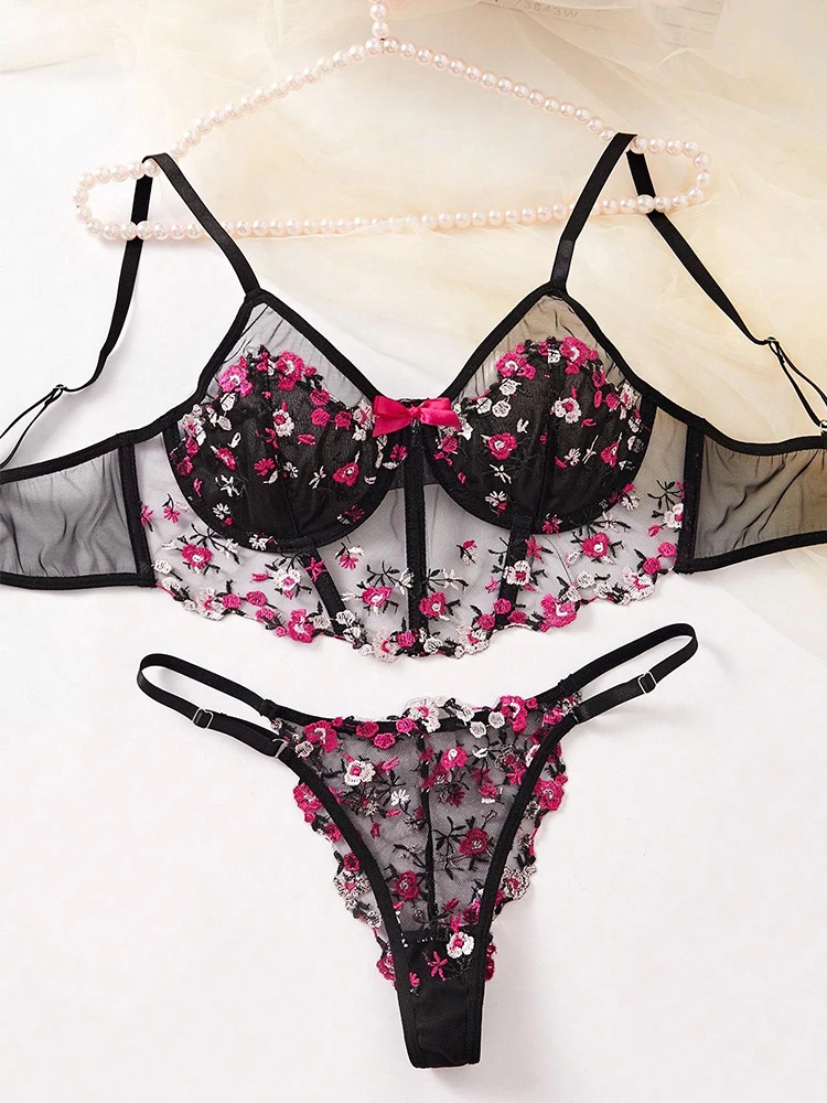 Sexy Bras Set For Women Floral Embroidery Fairy Lingeire Mesh Underwear Romantic Lingerie Exotic Bra Brief Sets Intimate Outfits