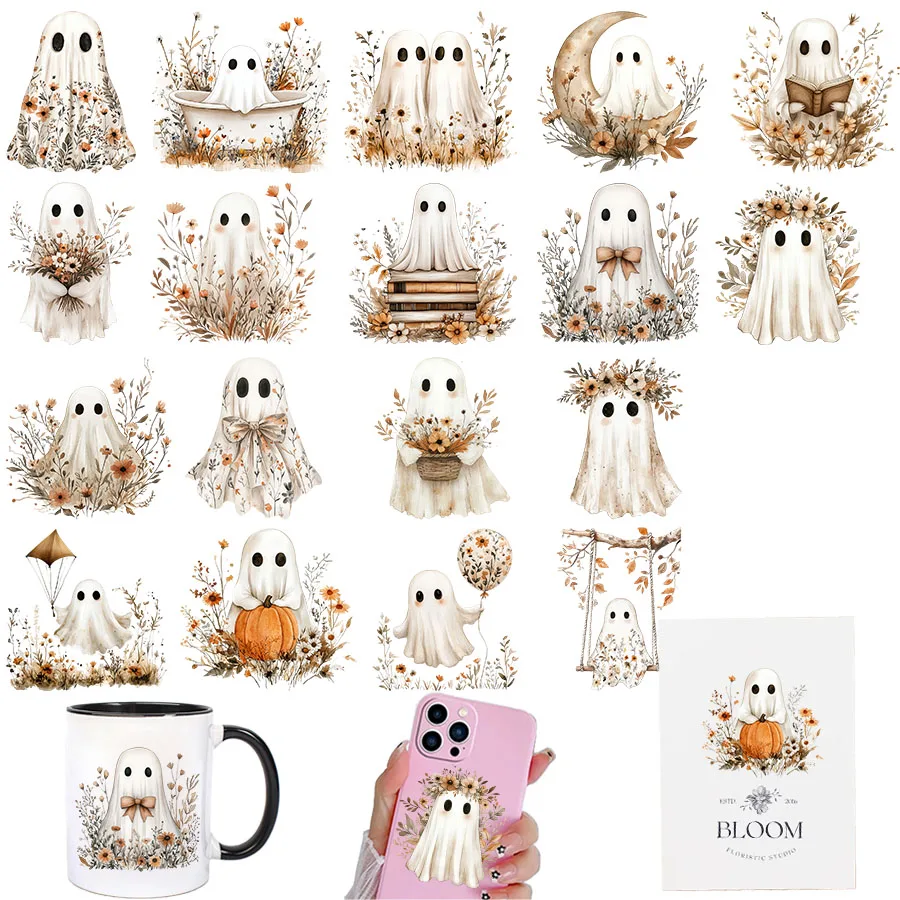 3er-Set Halloween Herbst Boho Geister DIY UV DTF Abziehbilder für Tumbler, Gläser, Becher, Kaffeetassen, Karten und Party-Deko